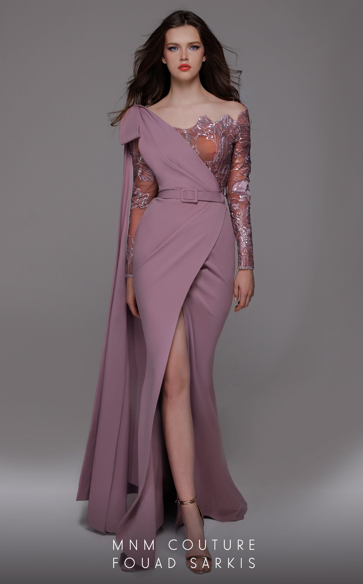 One-Shoulder Floor-Length Crepe Evening Sheath/Colu MNM Couture 2688