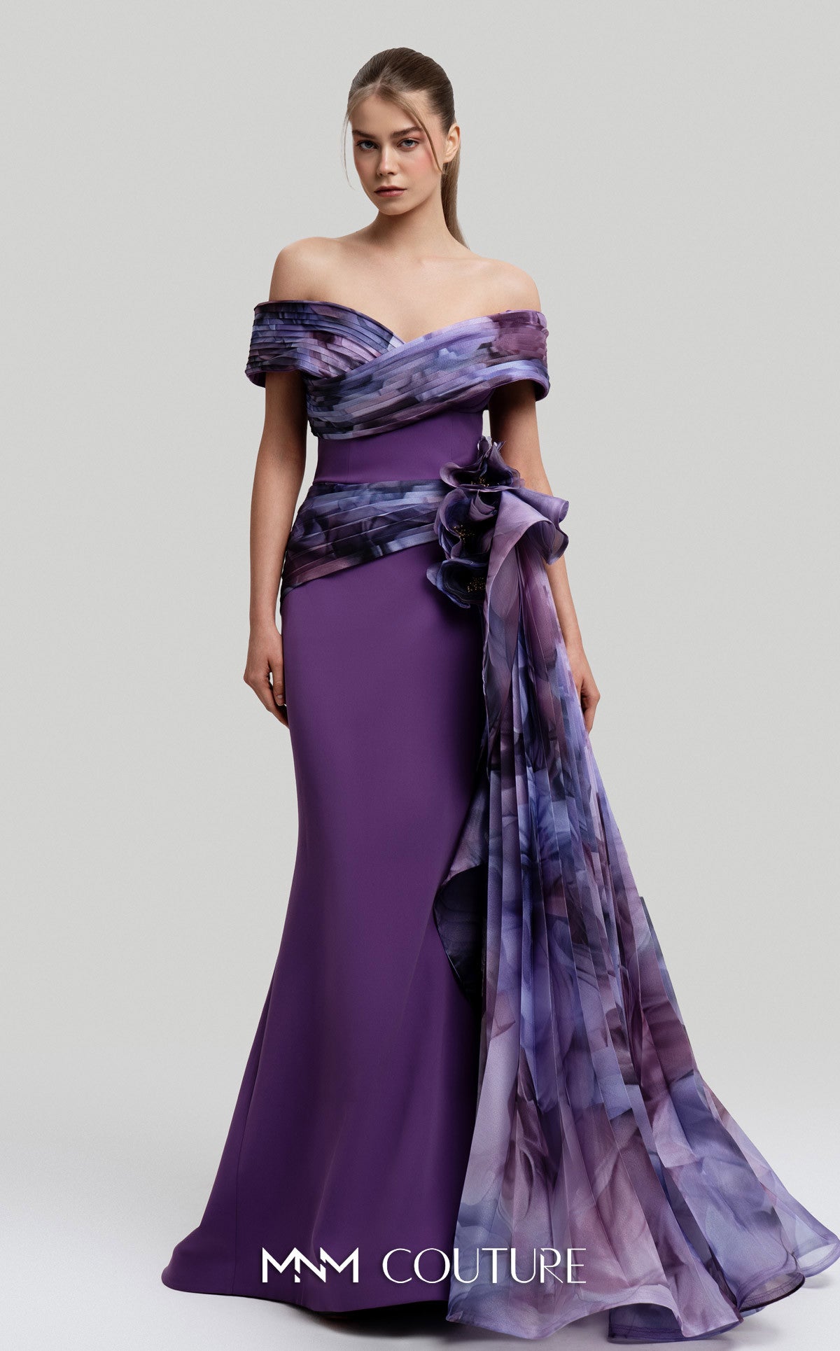 Off-Shoulder Long Crepe Evening Gown by MNM Couture 2692A in Lilac