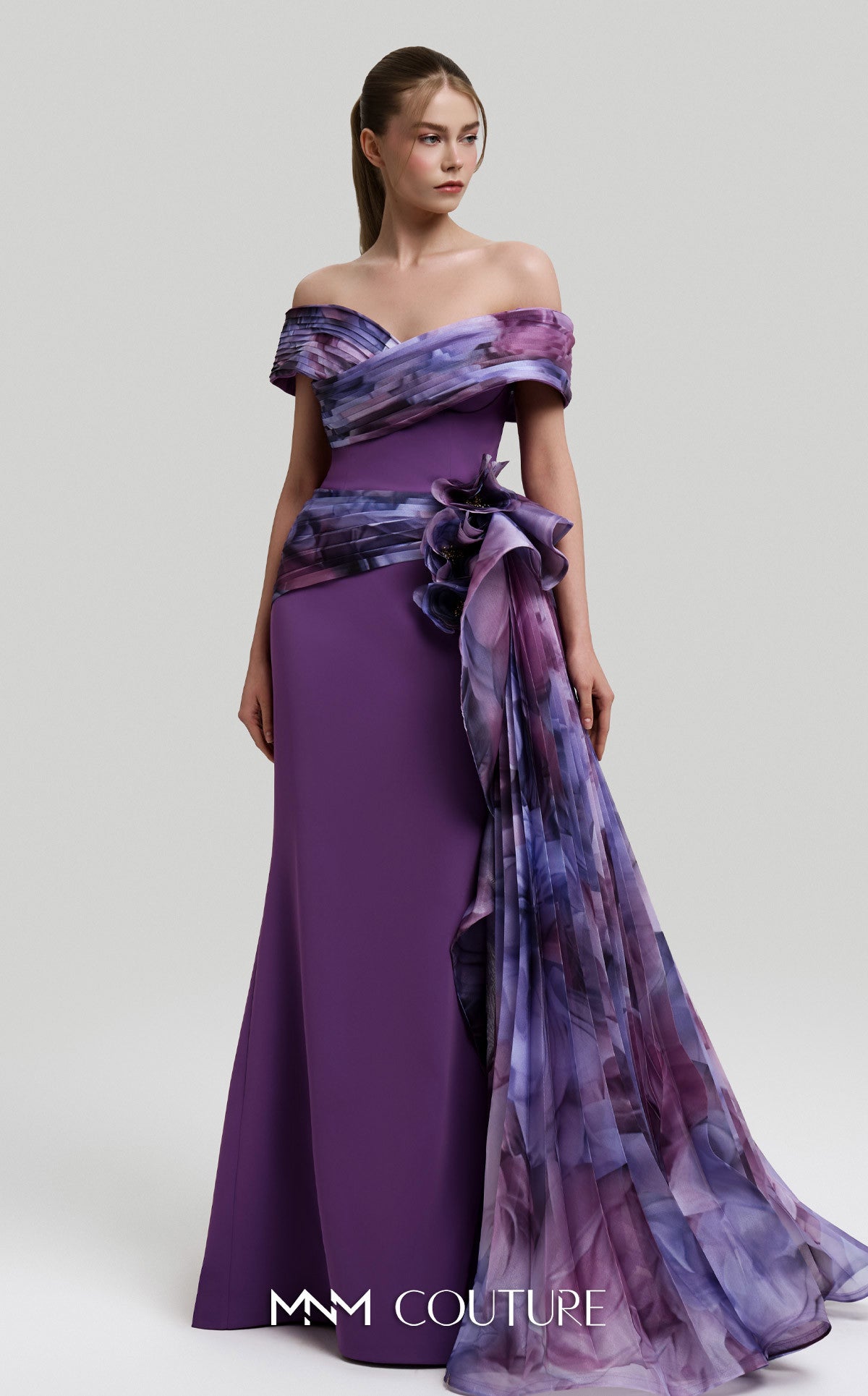 Off-Shoulder Long Crepe Evening Gown by MNM Couture 2692A in Lilac