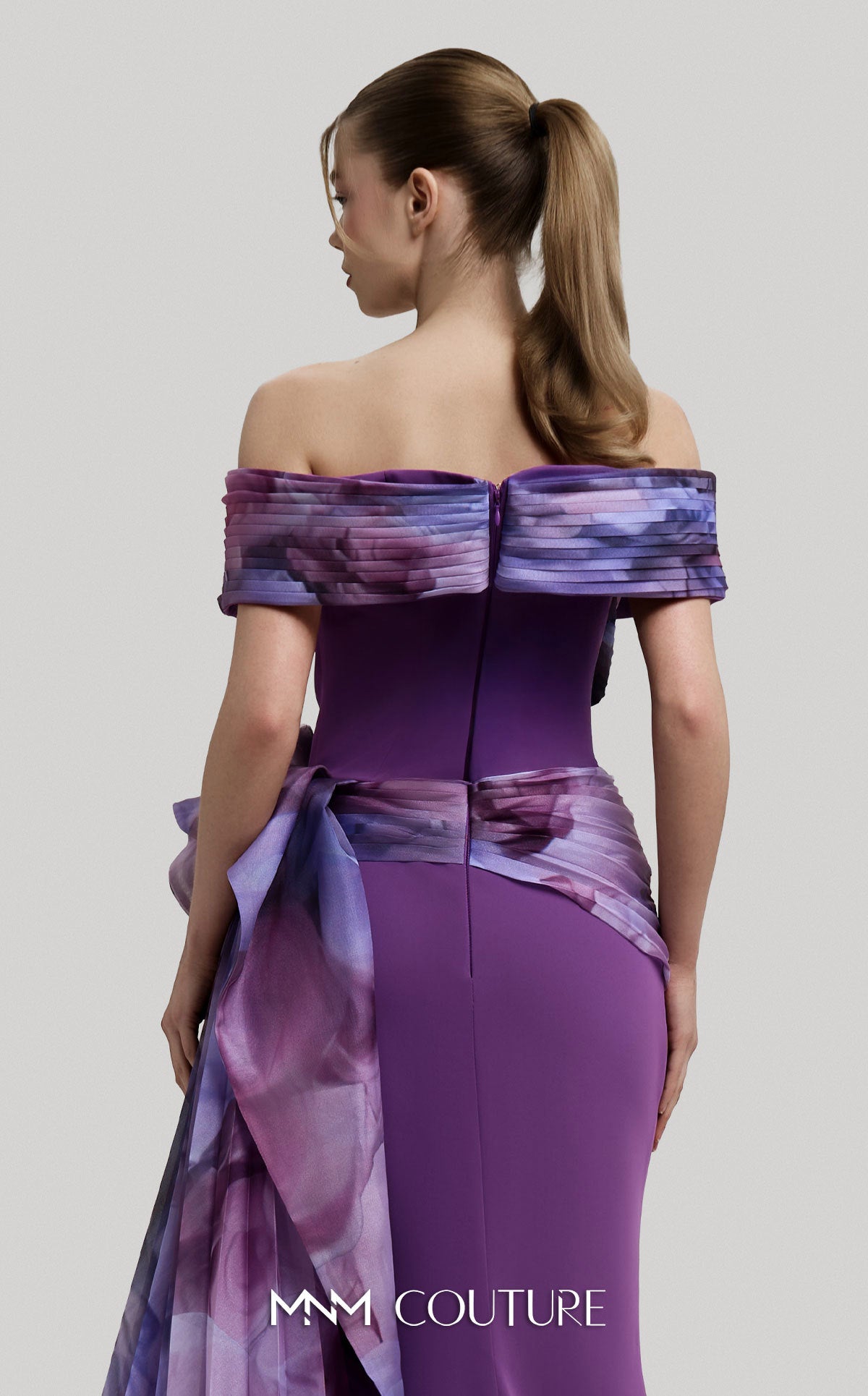 Off-Shoulder Long Crepe Evening Gown by MNM Couture 2692A in Lilac