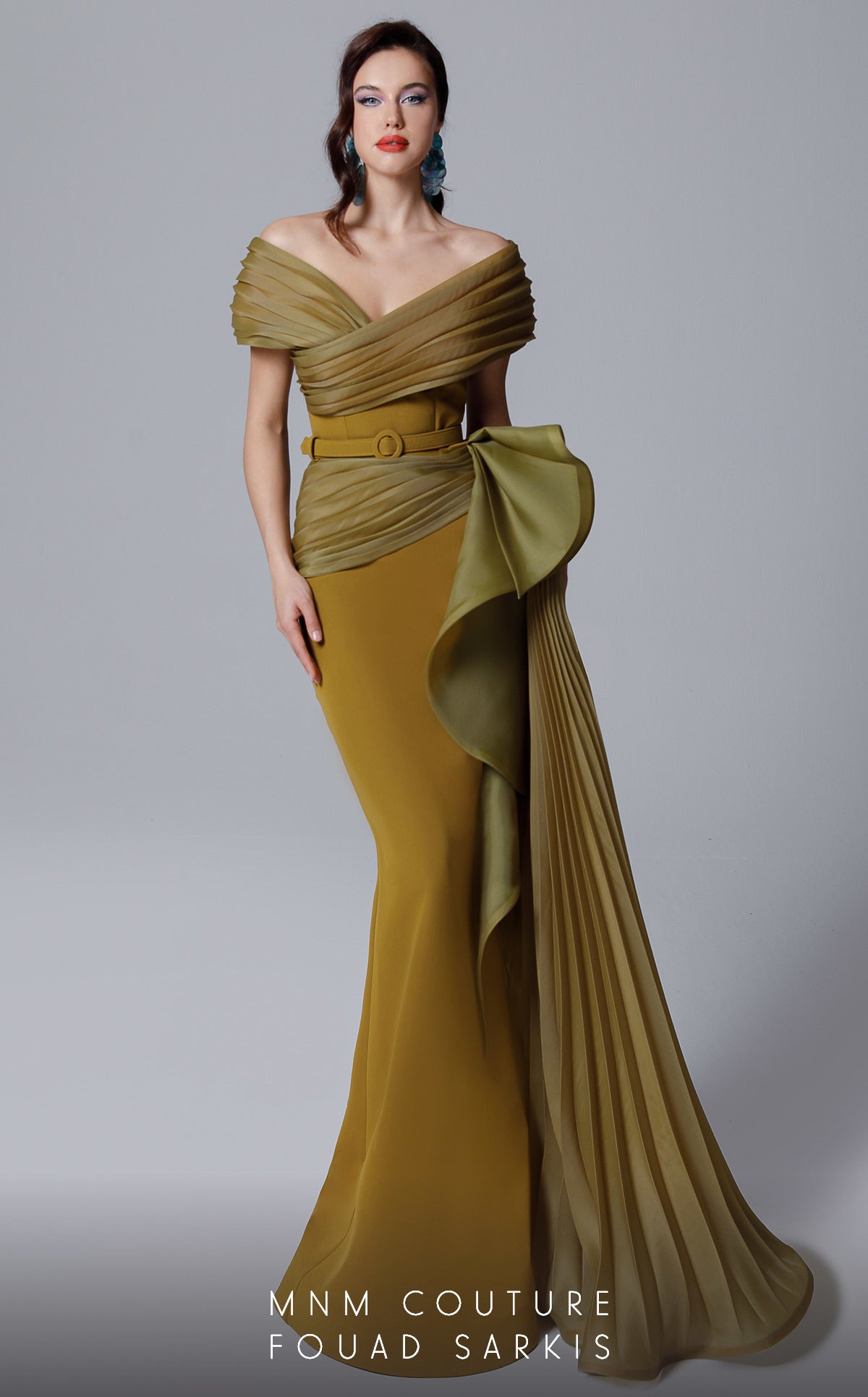 Off-Shoulder Pleated Gown with Belt by MNM Couture 2692 in Olive