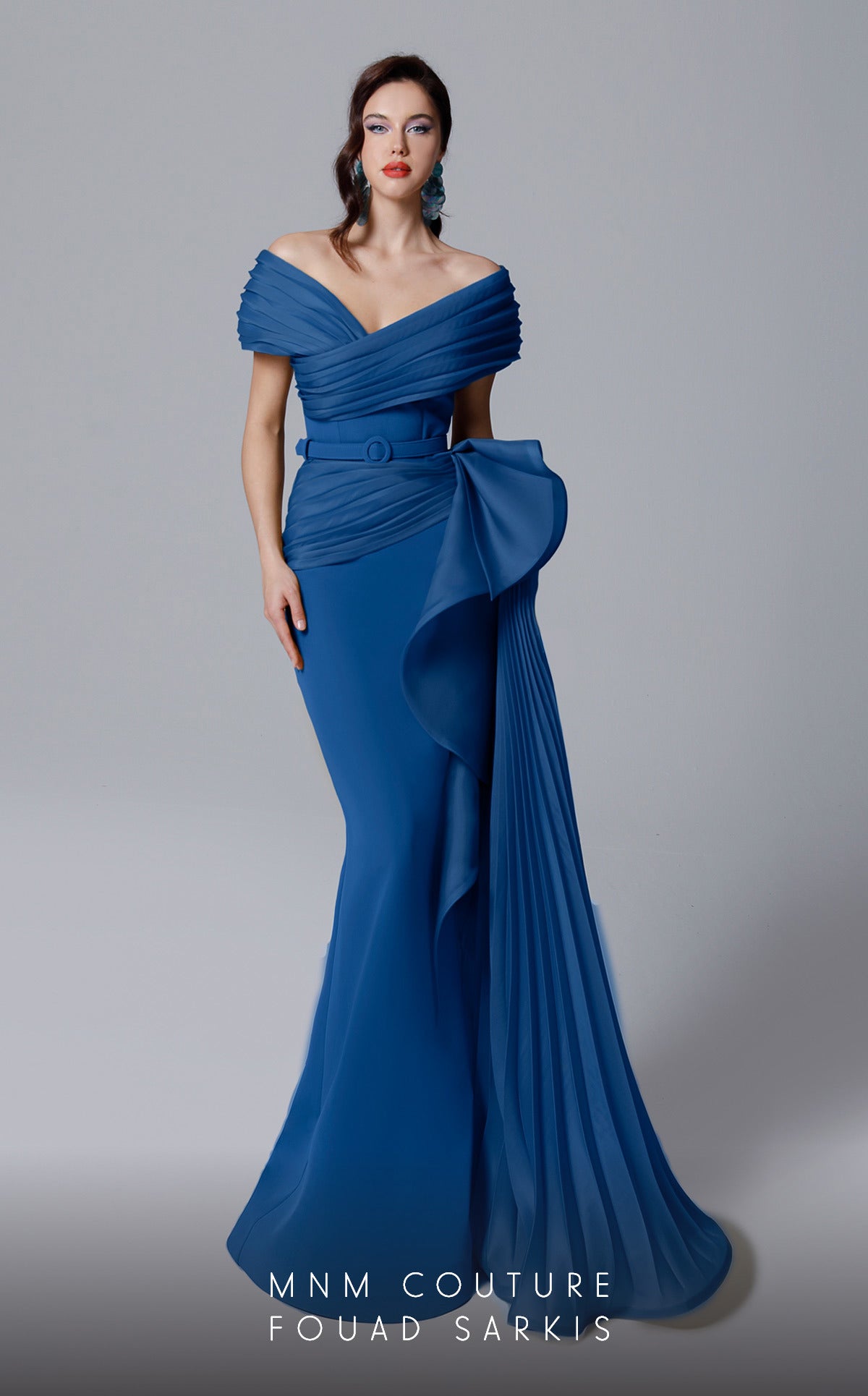 Off-Shoulder Pleated Gown with Belt by MNM Couture 2692 in Petrol