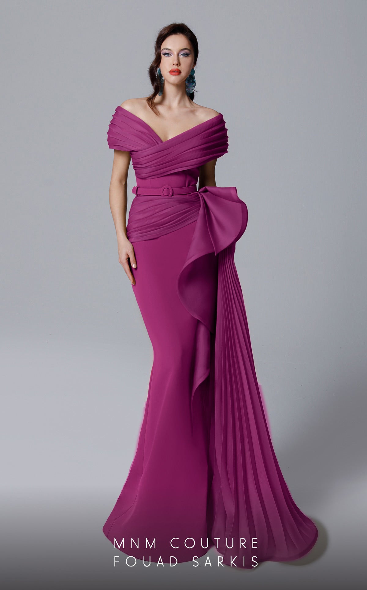 Off-Shoulder Pleated Gown with Belt by MNM Couture 2692 in Magenta