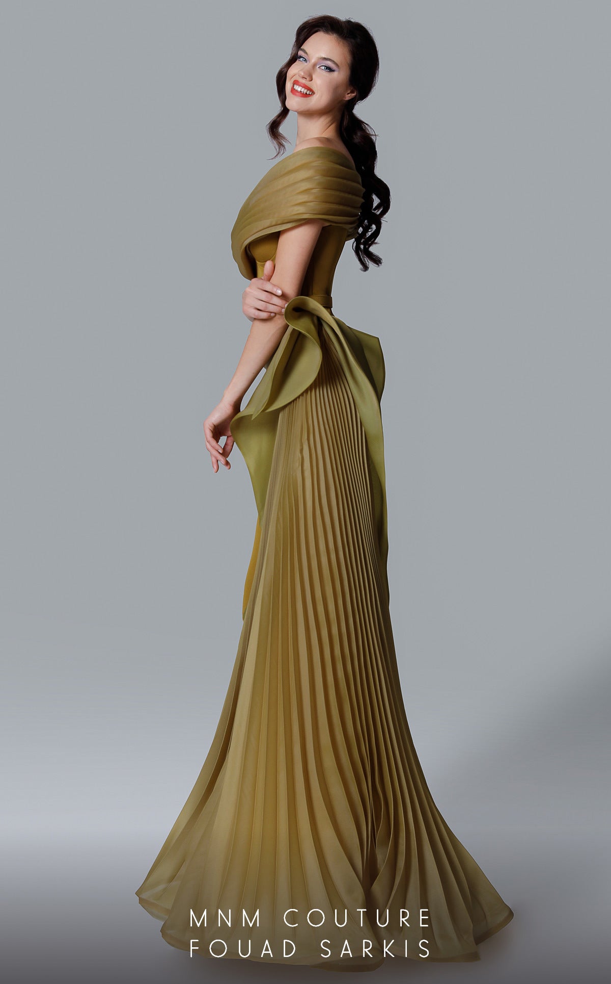 Off-Shoulder Pleated Gown with Belt by MNM Couture 2692 in Olive