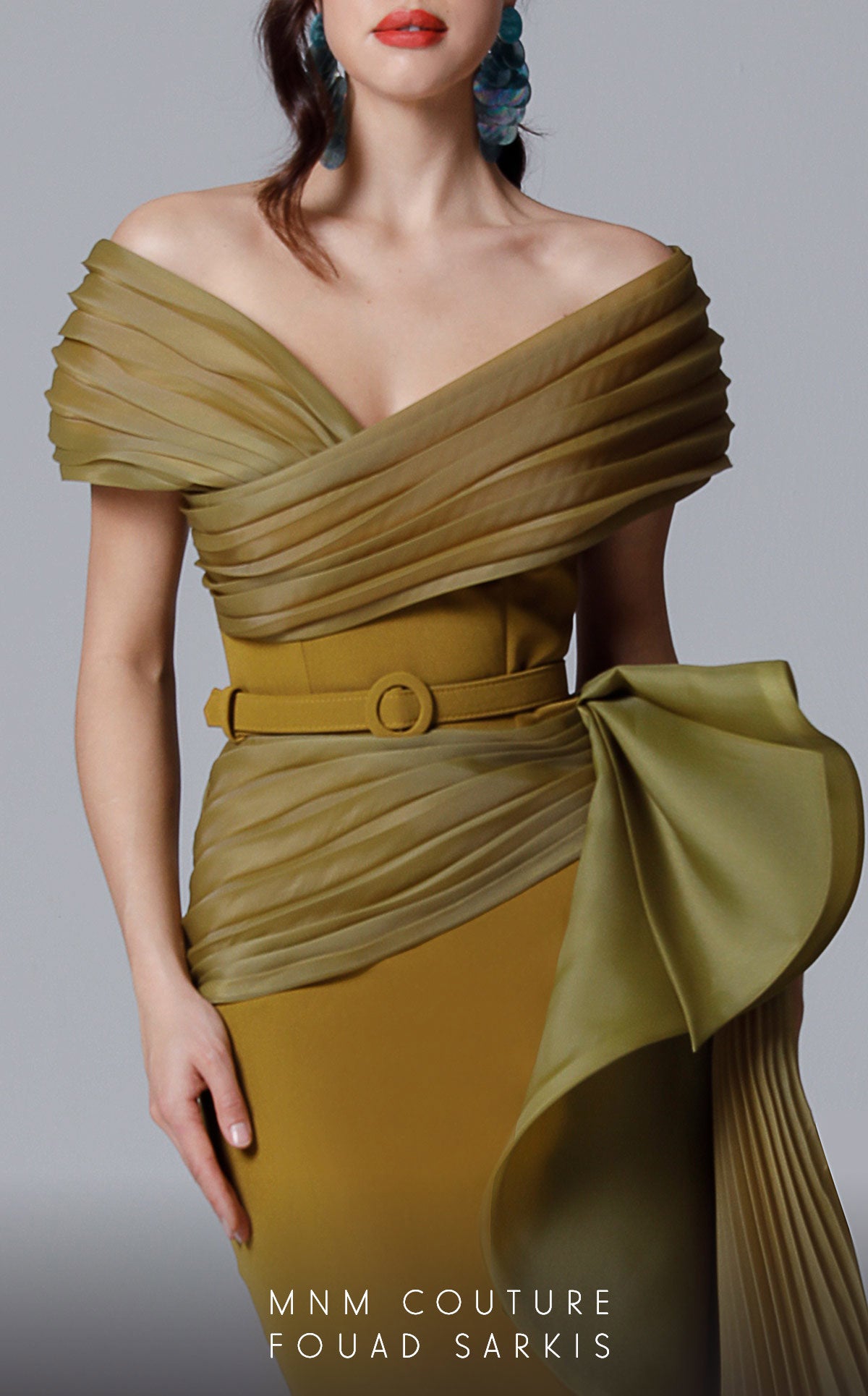 Off-Shoulder Pleated Gown with Belt by MNM Couture 2692 in Olive