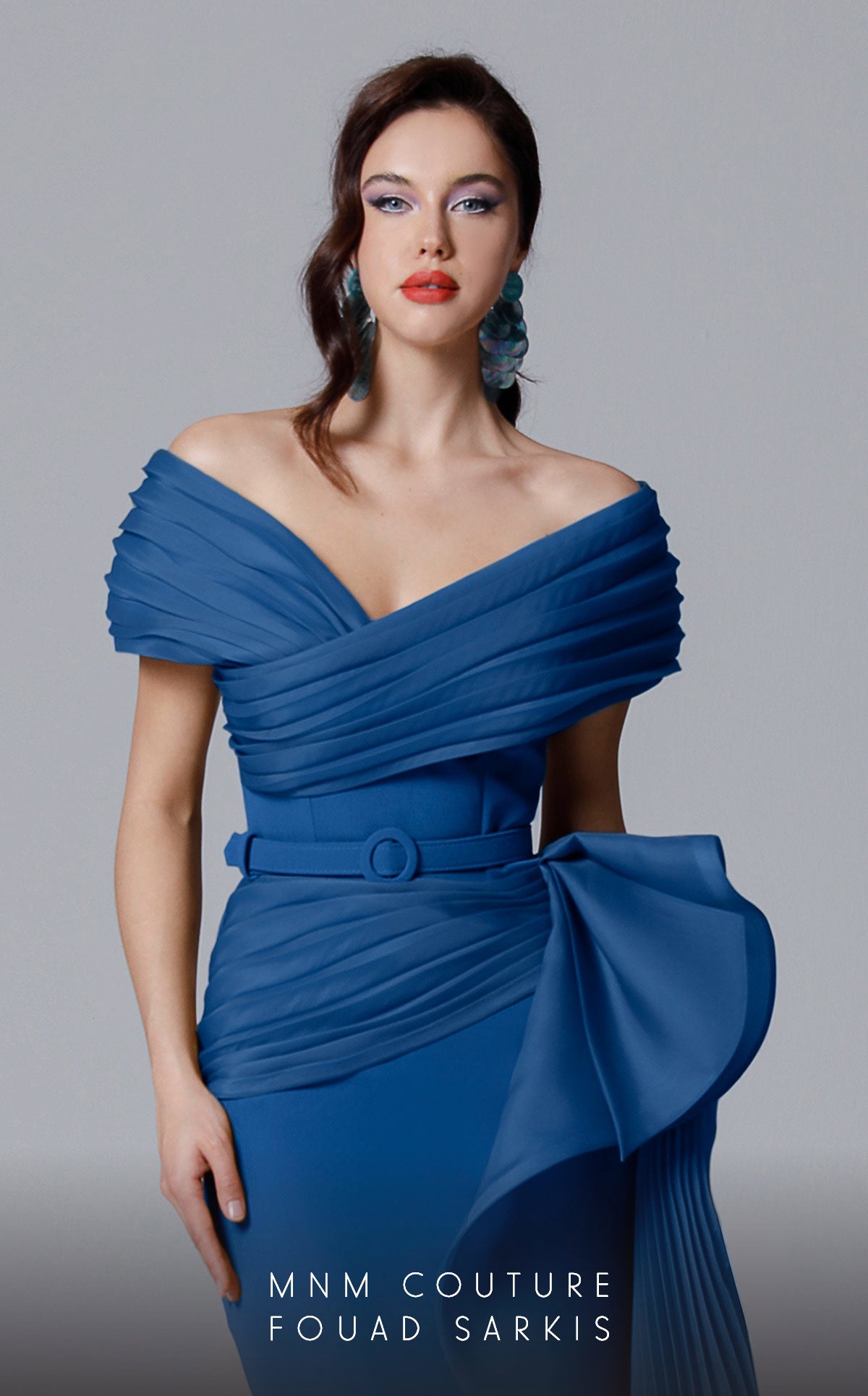 Off-Shoulder Pleated Gown with Belt by MNM Couture 2692 in Petrol