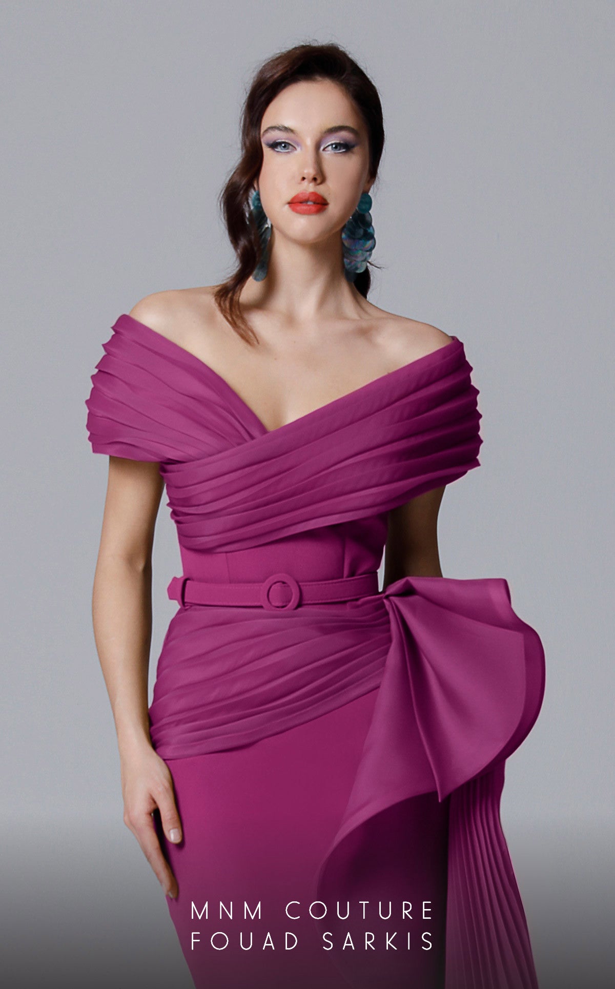 Off-Shoulder Pleated Gown with Belt by MNM Couture 2692 in Magenta