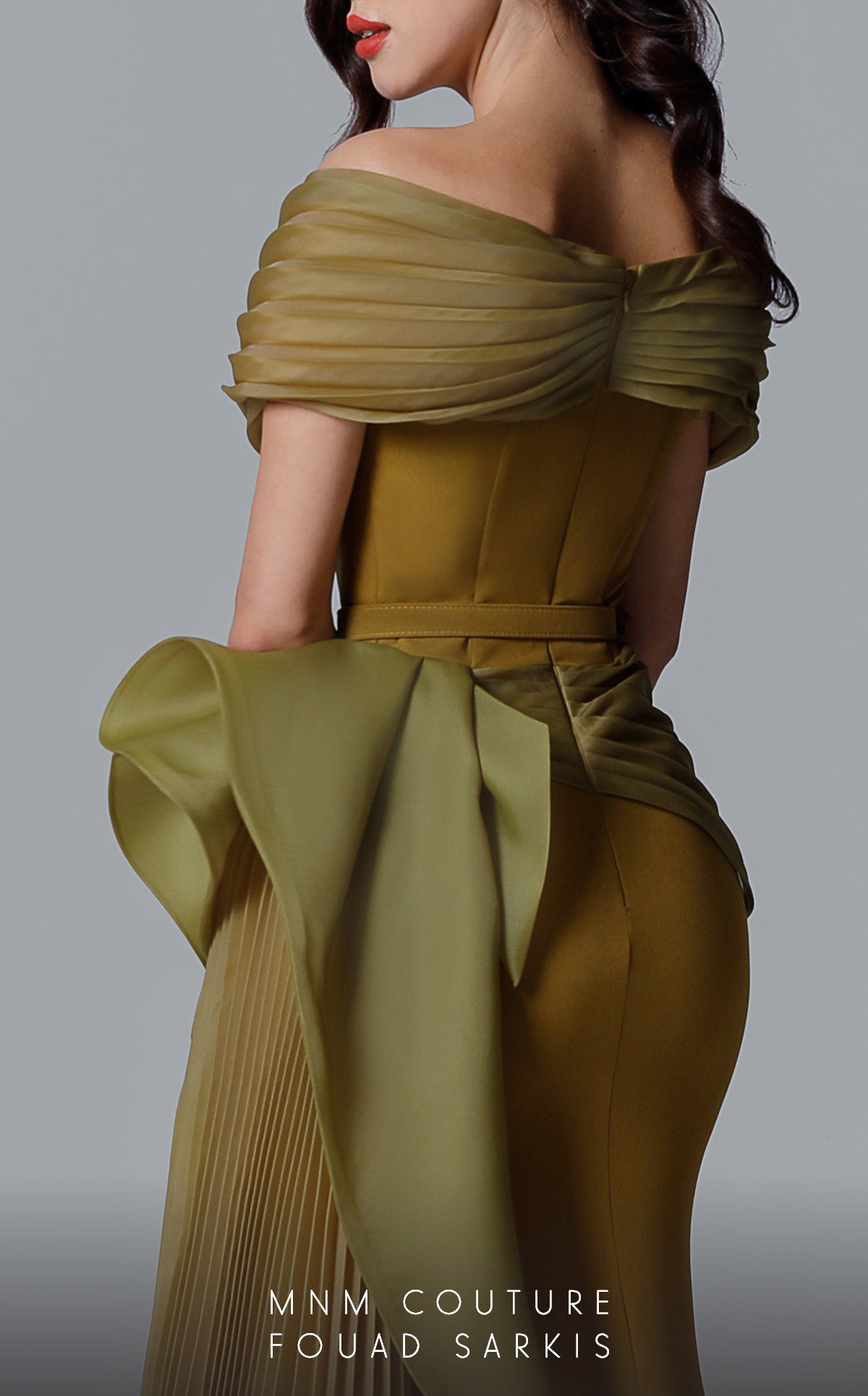 Off-Shoulder Pleated Gown with Belt by MNM Couture 2692 in Olive