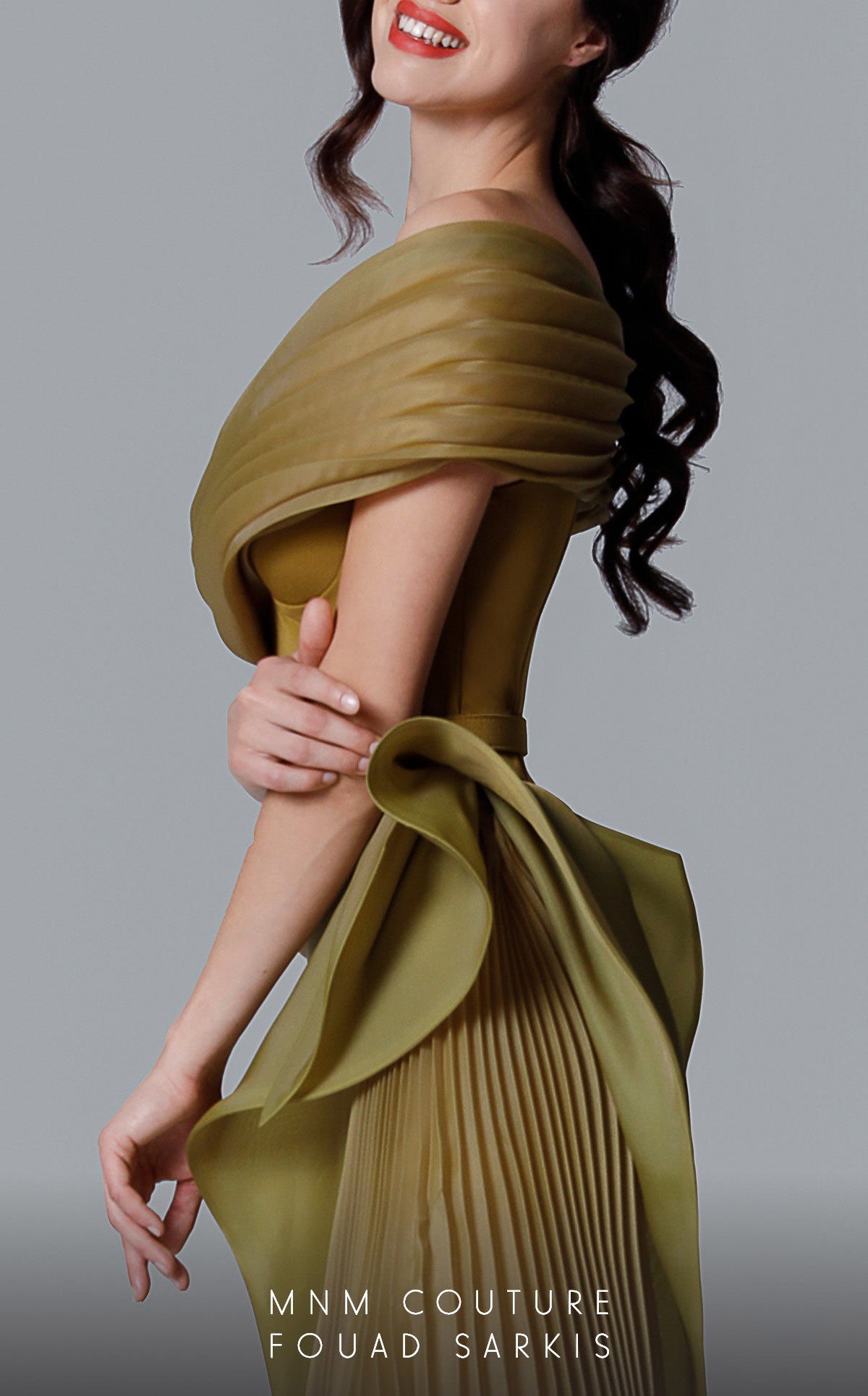 Off-Shoulder Pleated Gown with Belt by MNM Couture 2692 in Olive