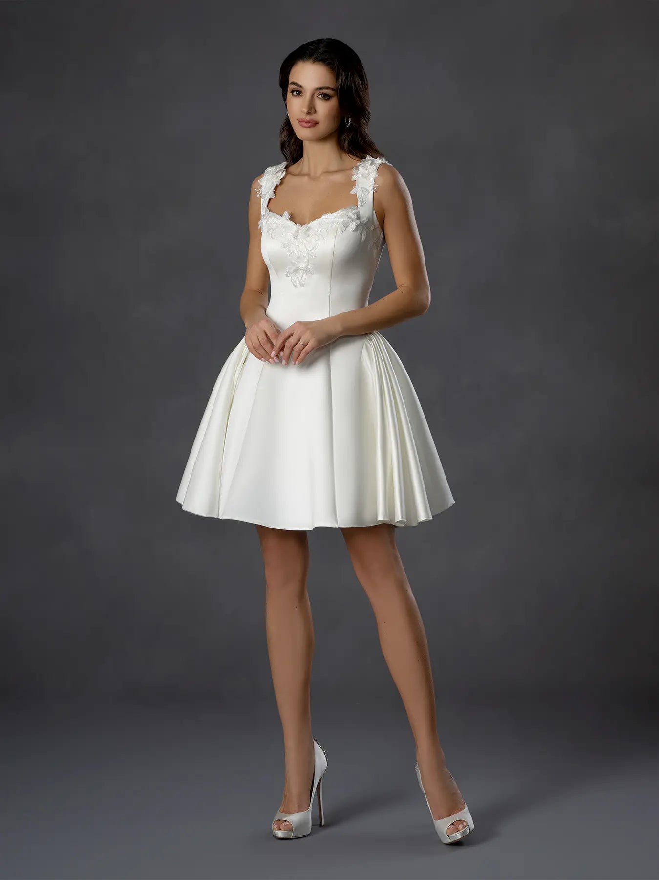 Off White Sweetheart Short Satin Wedding Dress with Embroidered Straps