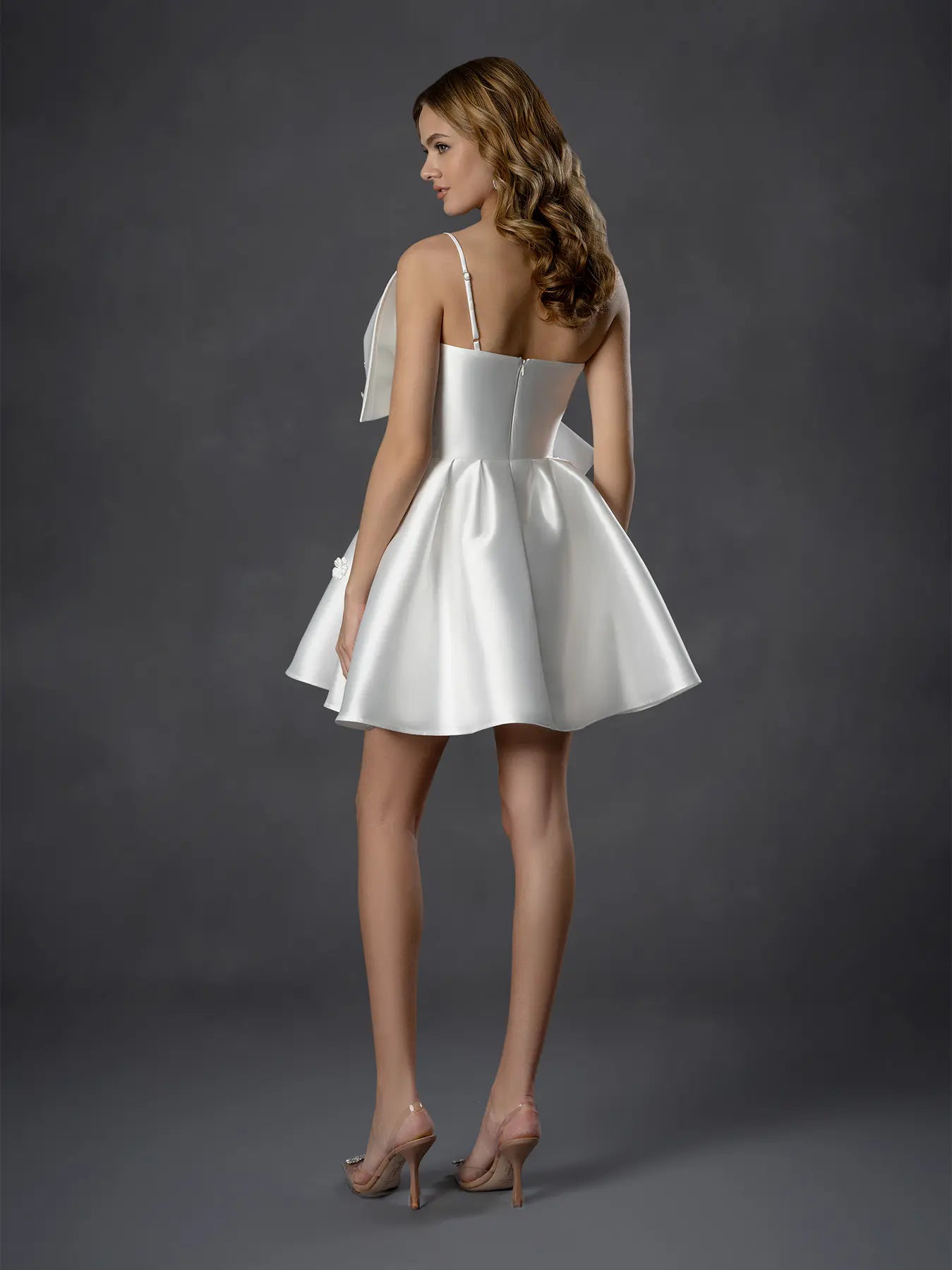 Off White Sweetheart Short Satin Wedding Dress with Oversized Bow and Floral Accents