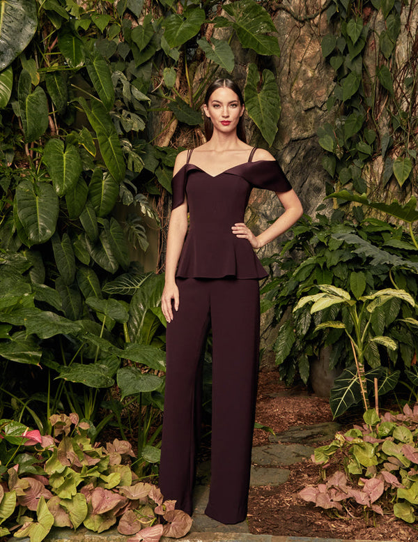 Pant Suit Long Formal Two Piece Peplum Pant Suit Aubergine