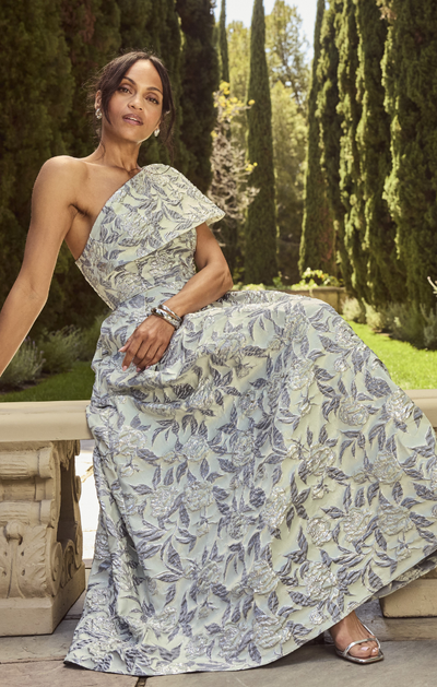 Sage Multi One-Shoulder Floor-Length Jacquard Dress with Asymmetrical Neckline and Bow Detai Alex Evenings 8281255