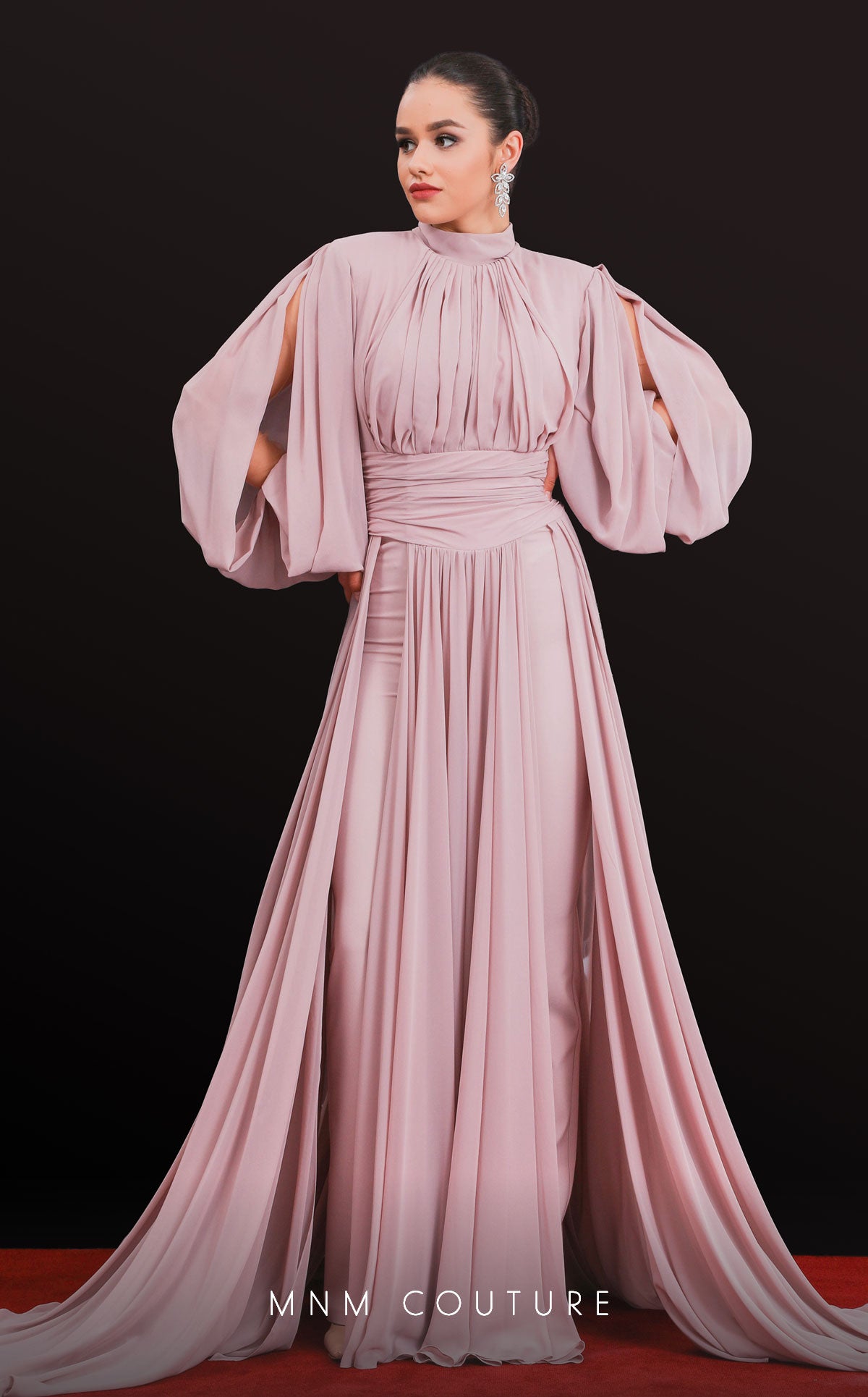 Crew/High-Neck Floor-Length Chiffon Evening A-Line MNM Couture 2706A