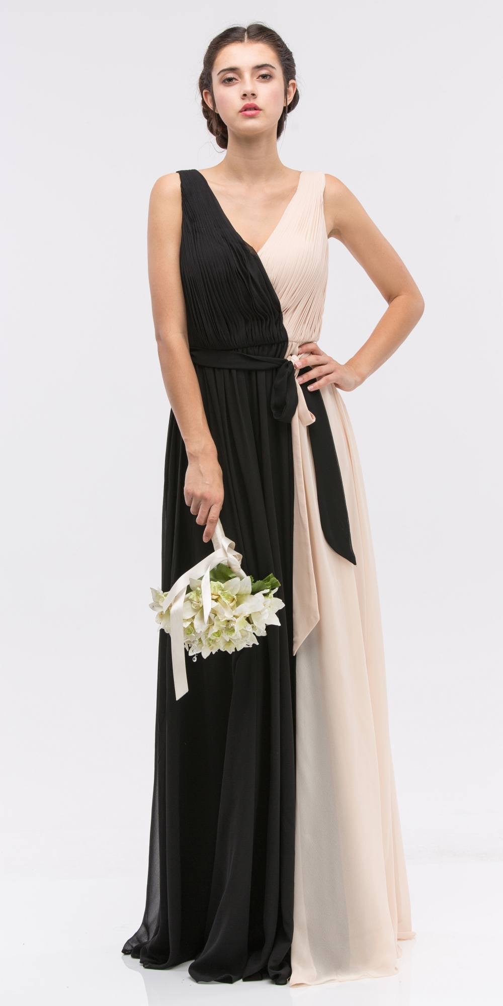 Formal Dresses Long Prom Pleated A line Formal Dress Eureka Fashion 2711 Black/Champagne