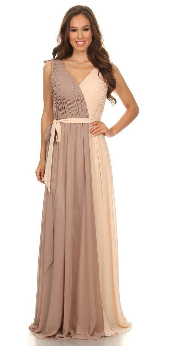 Formal Dresses Long Prom Pleated A line Formal Dress Eureka Fashion 2711 Mocha/Champagne