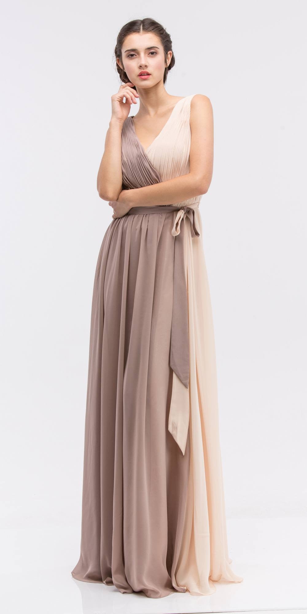 Formal Dresses Long Prom Pleated A line Formal Dress Eureka Fashion 2711 Mocha/Champagne