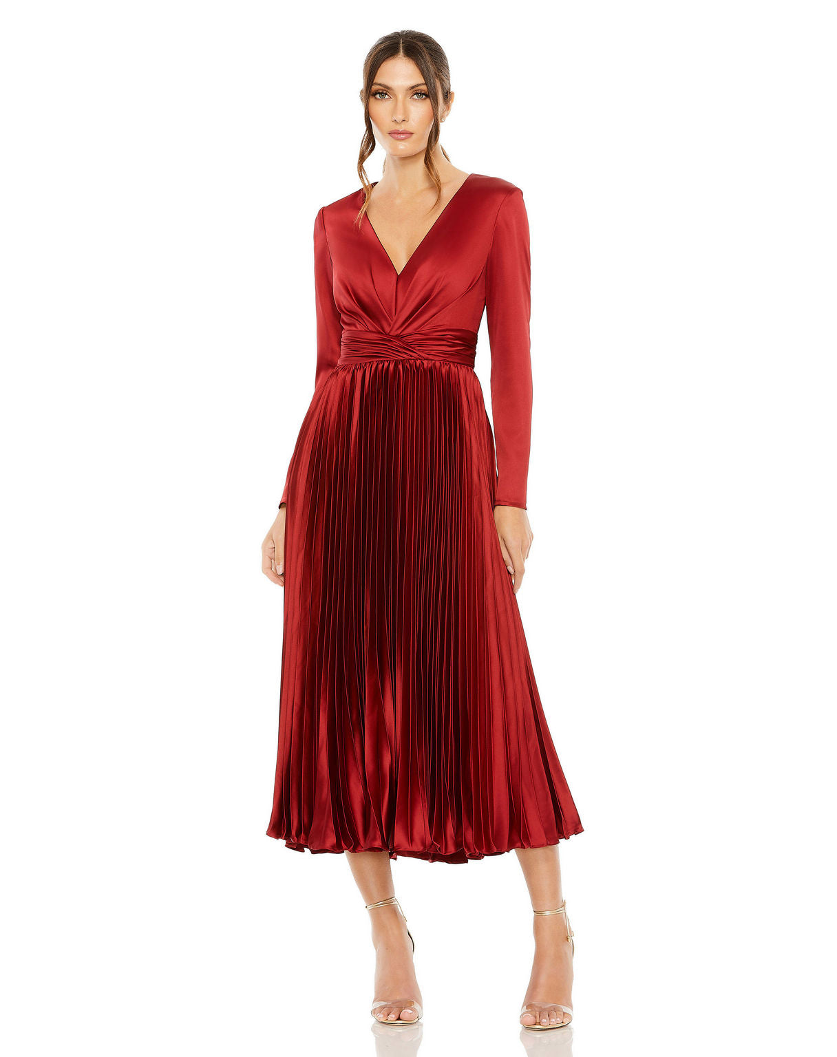 Mac Duggal 27148 Long Sleeve Pleated Formal Midi Dress