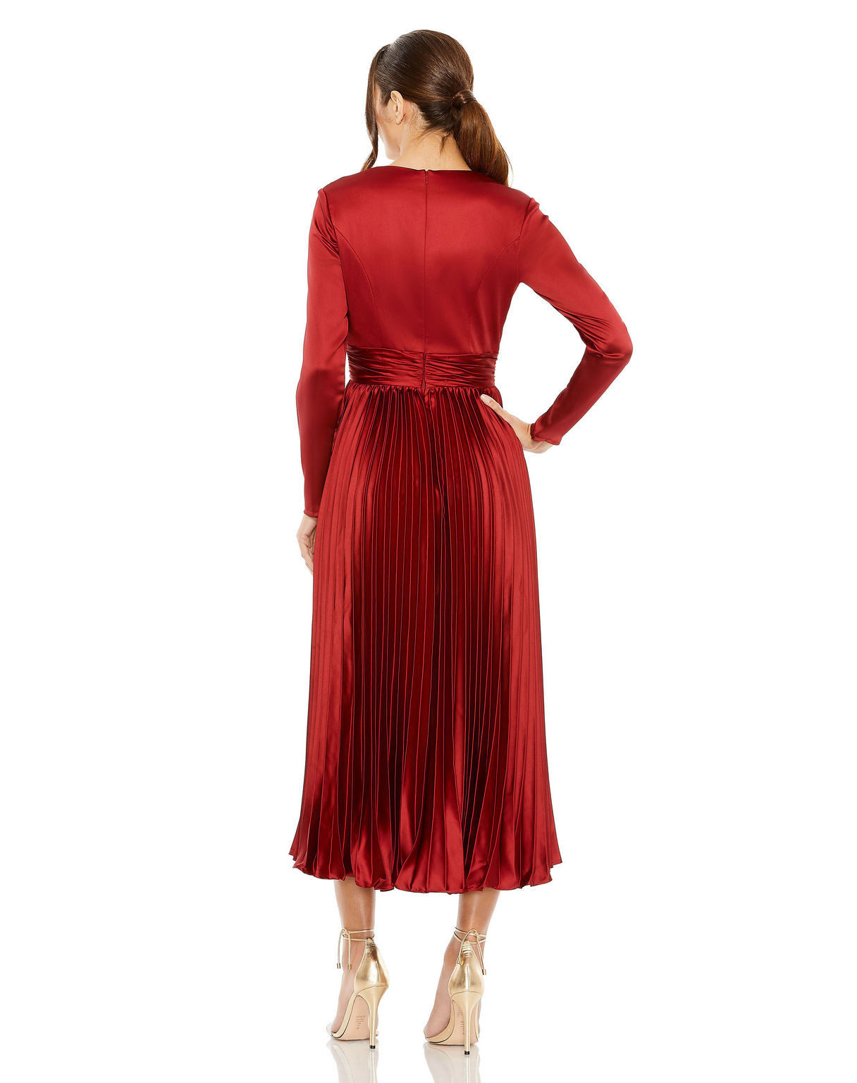 Mac Duggal 27148 Long Sleeve Pleated Formal Midi Dress