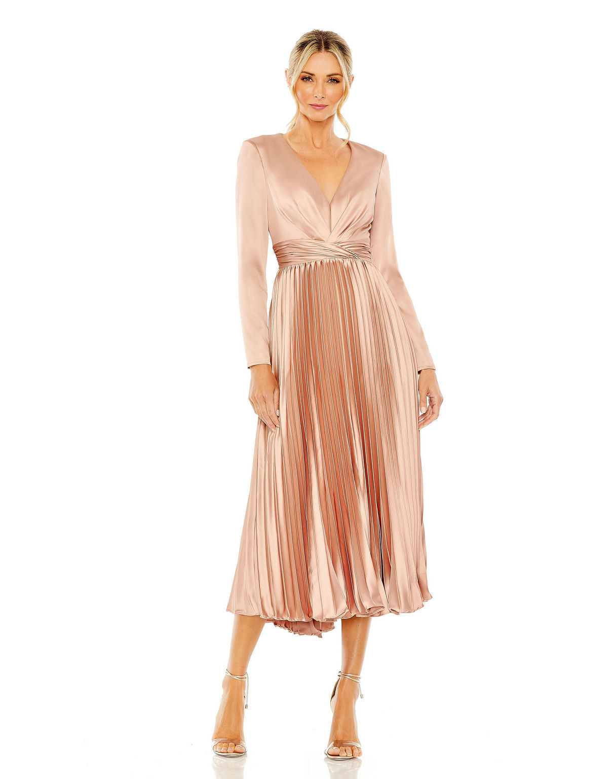 Mac Duggal 27148 Long Sleeve Pleated Formal Midi Dress