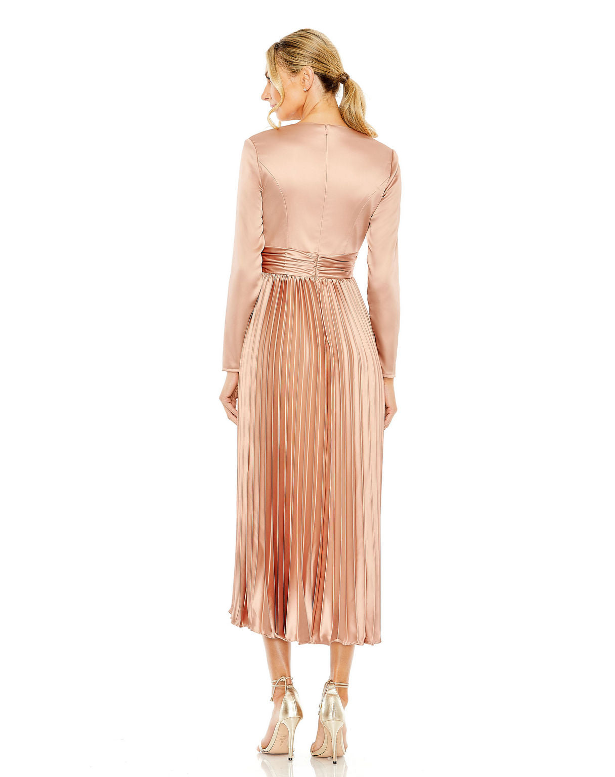 Mac Duggal 27148 Long Sleeve Pleated Formal Midi Dress