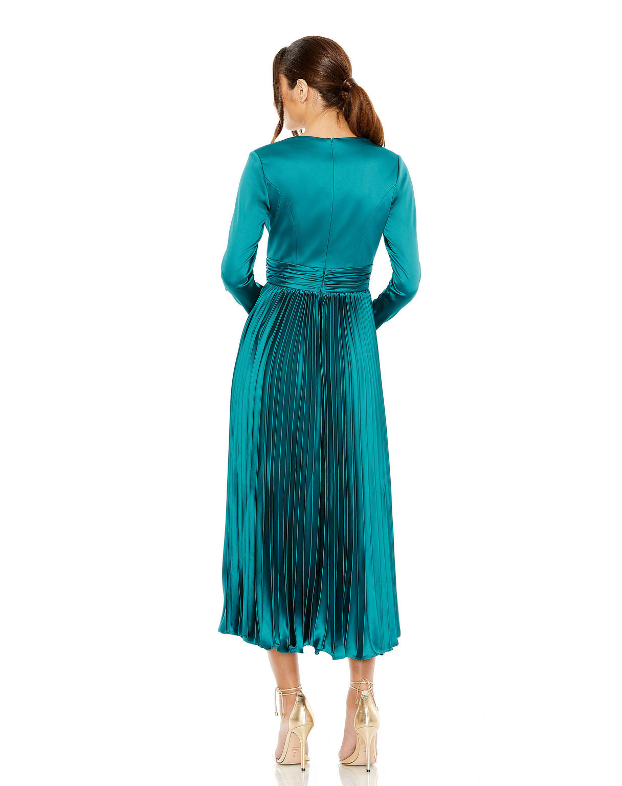 Mac Duggal 27148 Long Sleeve Pleated Formal Midi Dress