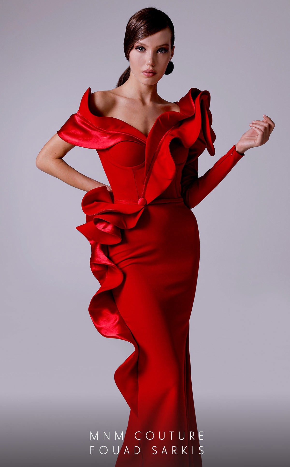Off-Shoulder Long Satin Evening Gown by MNM Couture 2714 in Red