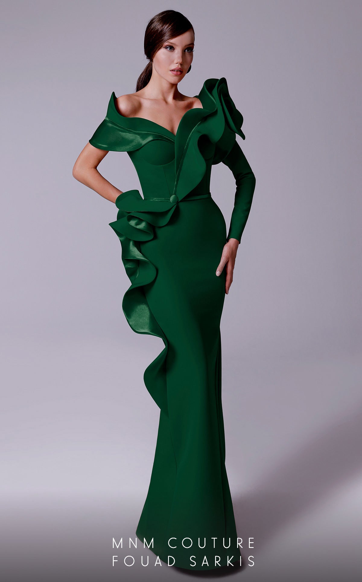 Off-Shoulder Long Satin Evening Gown by MNM Couture 2714 in Green