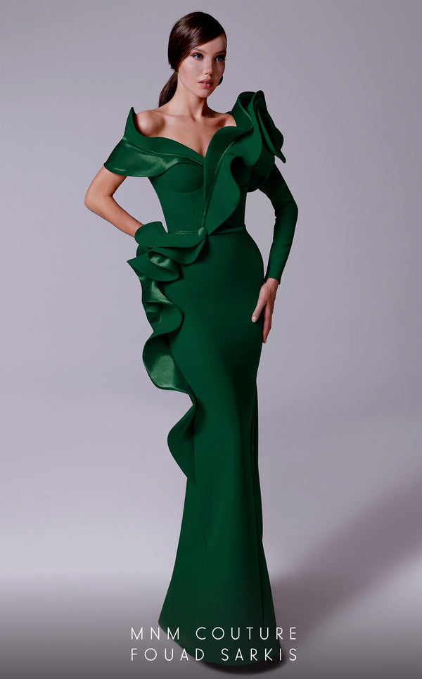 Off-Shoulder Long Satin Evening Gown by MNM Couture 2714