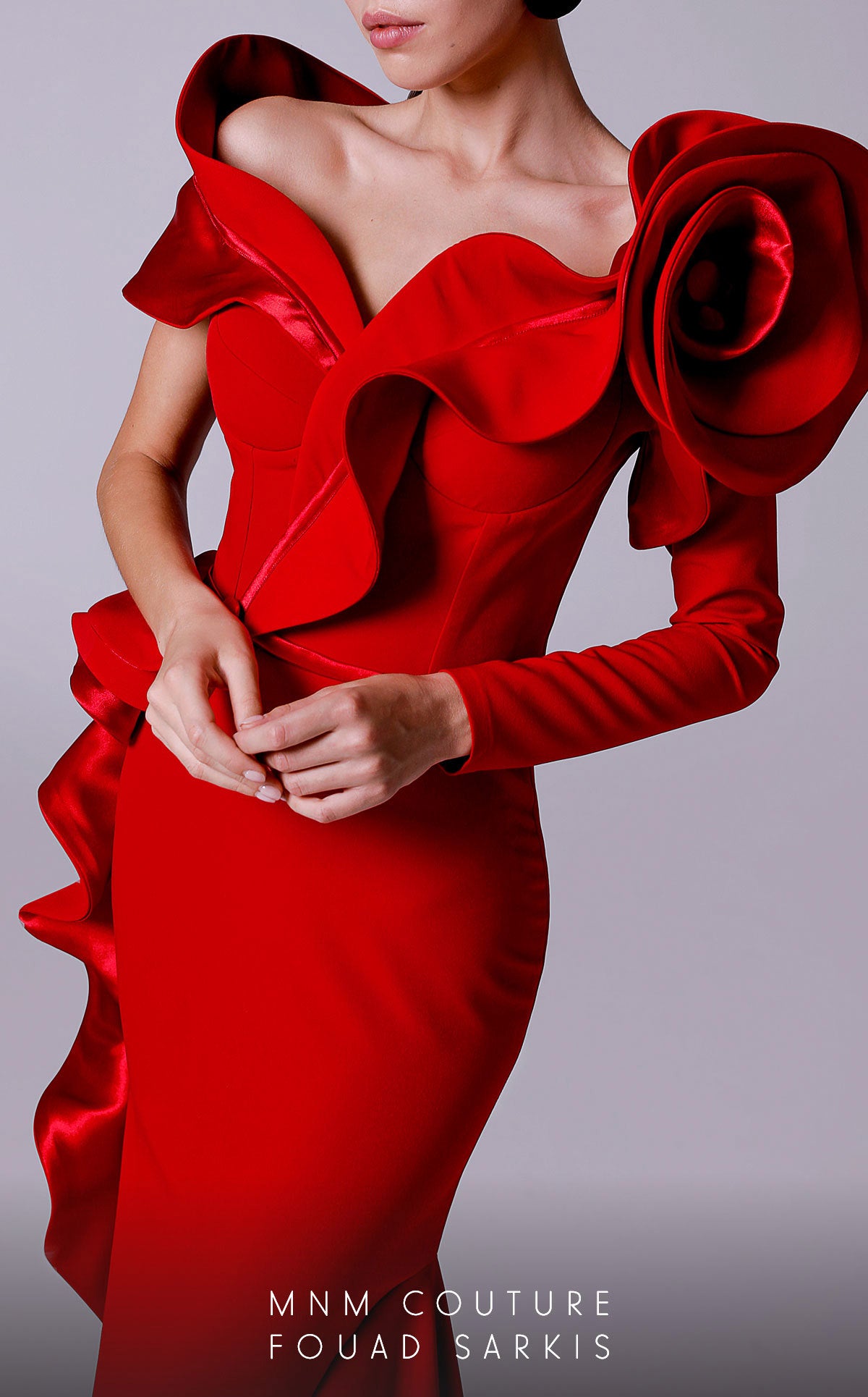 Off-Shoulder Long Satin Evening Gown by MNM Couture 2714 in Red