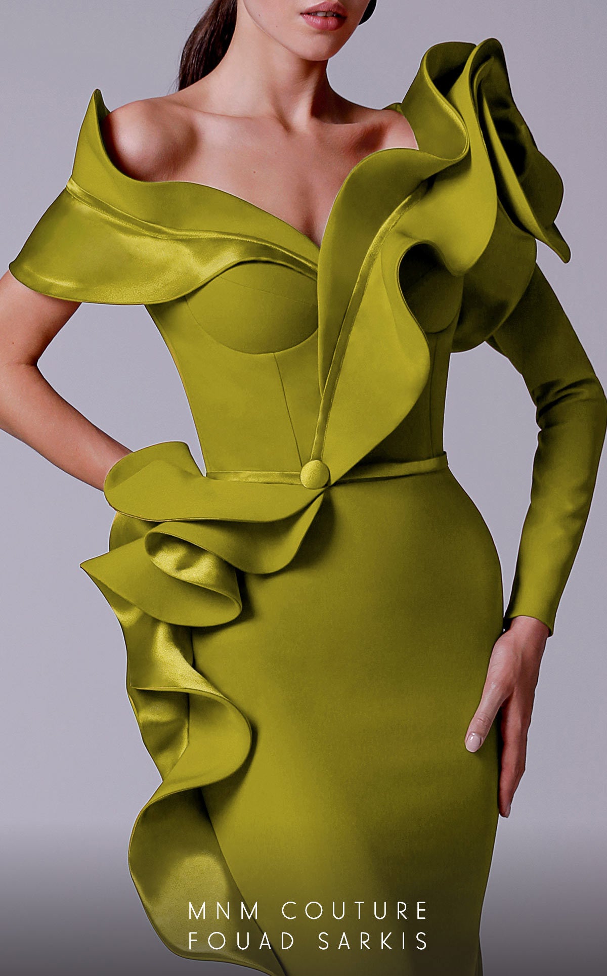 Off-Shoulder Long Satin Evening Gown by MNM Couture 2714 in Pistache