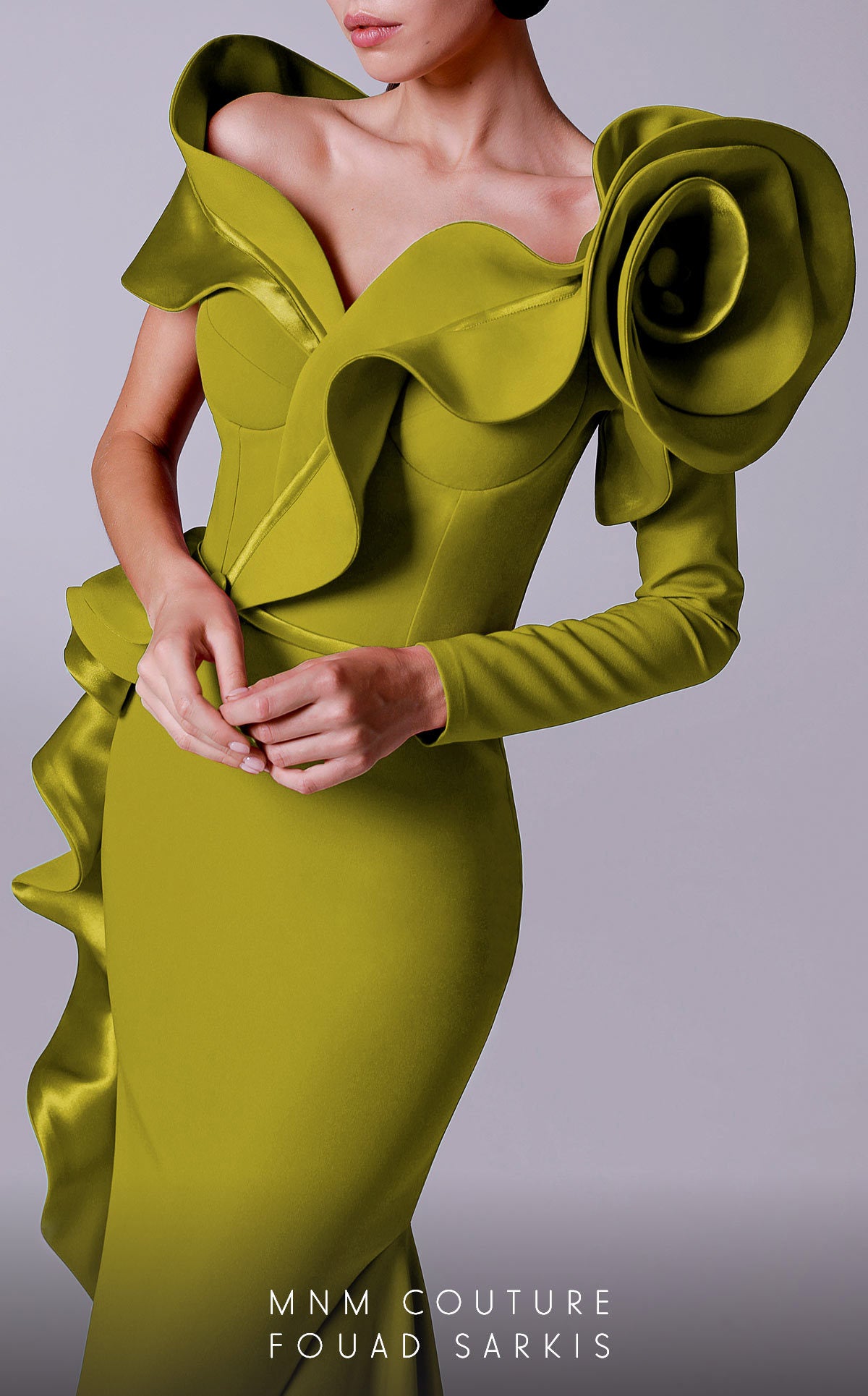 Off-Shoulder Long Satin Evening Gown by MNM Couture 2714 in Pistache