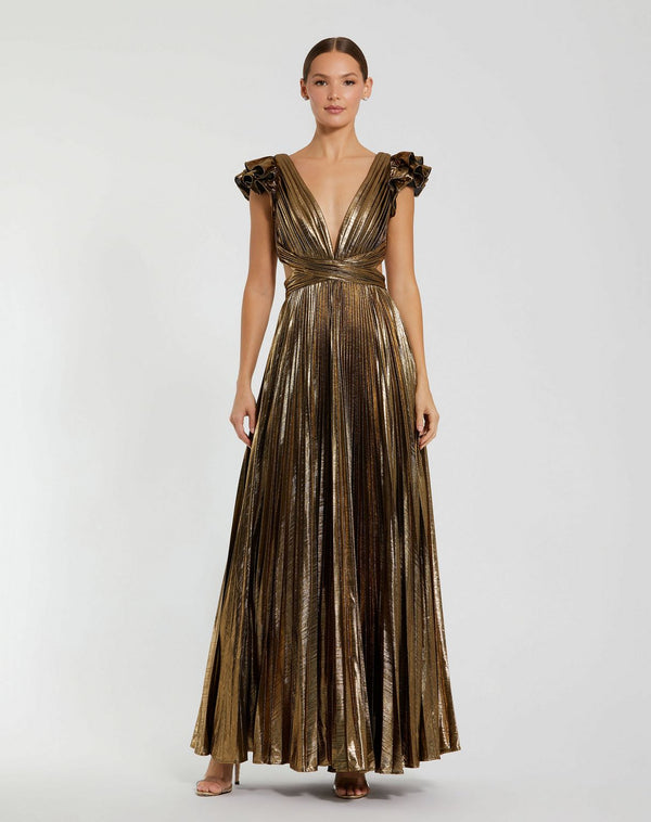 Long Pleated Dress Formal Metallic Mac Duggal 27166