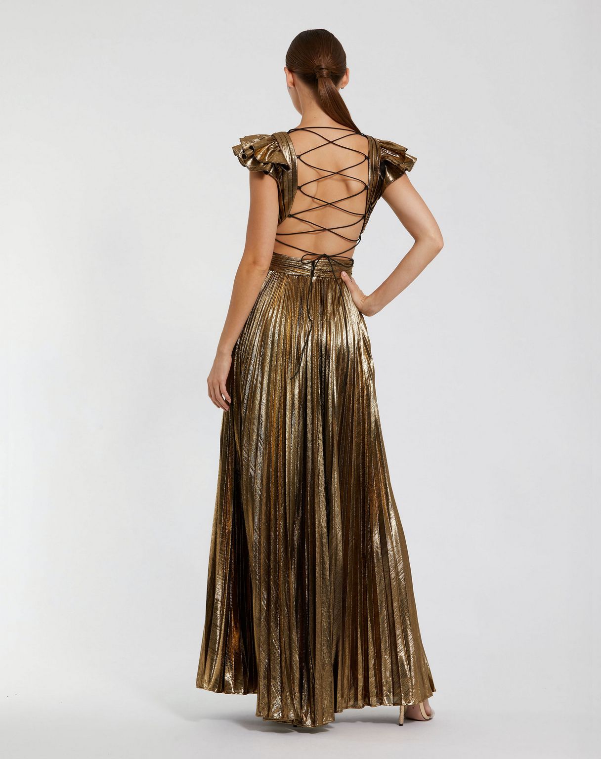Mac Duggal 27166 Long Pleated Formal Prom Metallic Dress