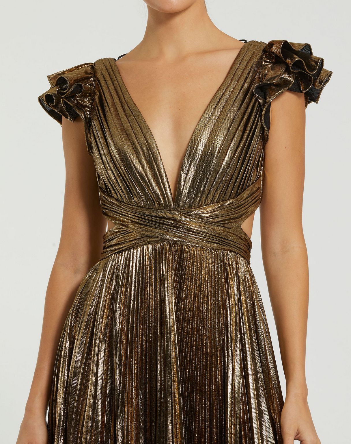 Mac Duggal 27166 Long Pleated Formal Prom Metallic Dress
