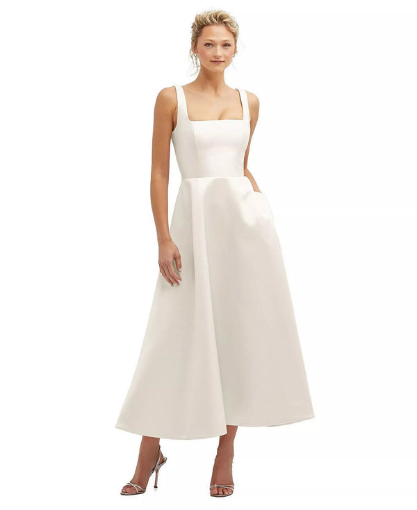 Square Neck Tea-Length Satin Formal A-Line Dress by Adrianna Papell AP1E211978