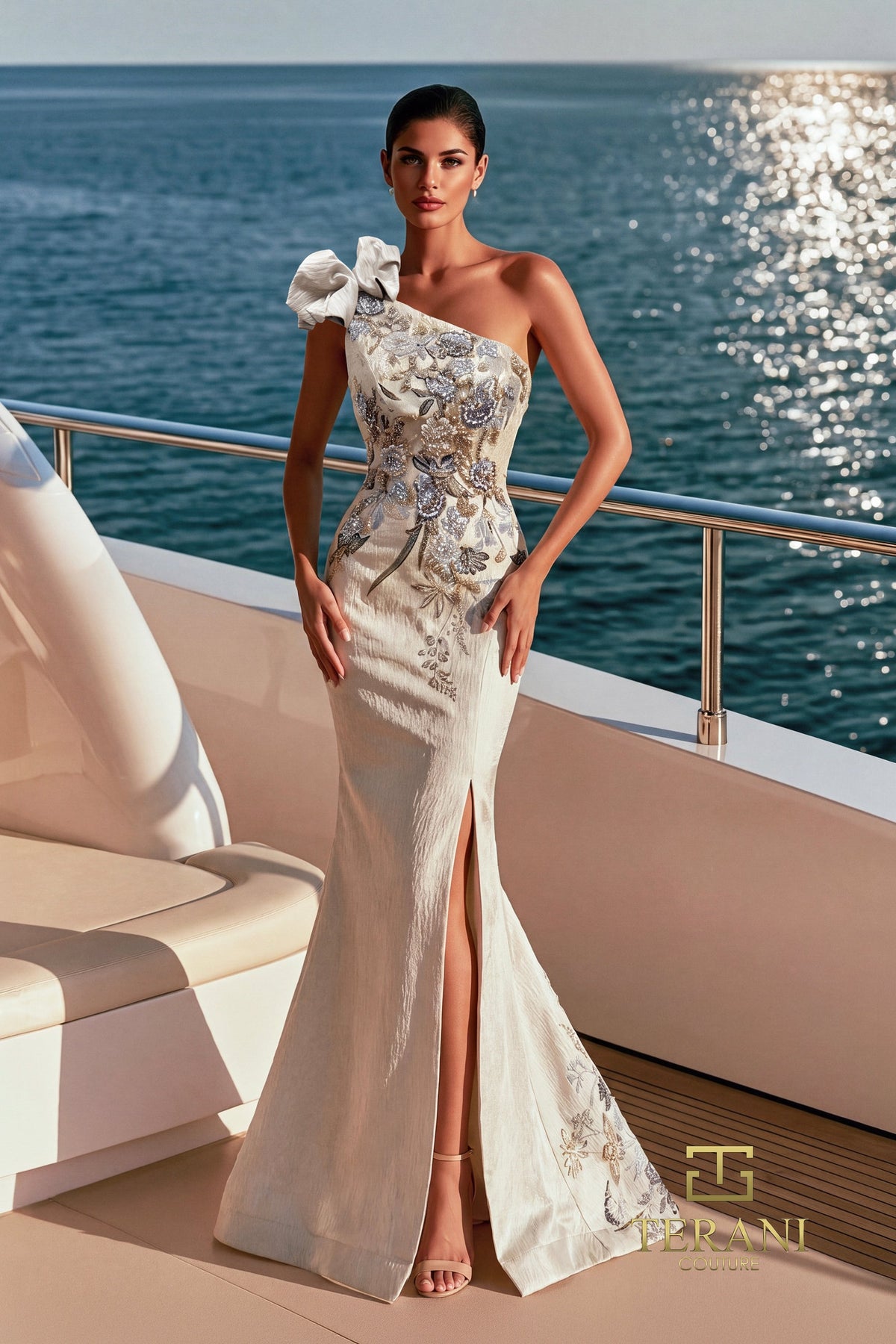 Terani Couture 271E8137 One Shoulder Embroidered Mermaid Evening Gown with Bow