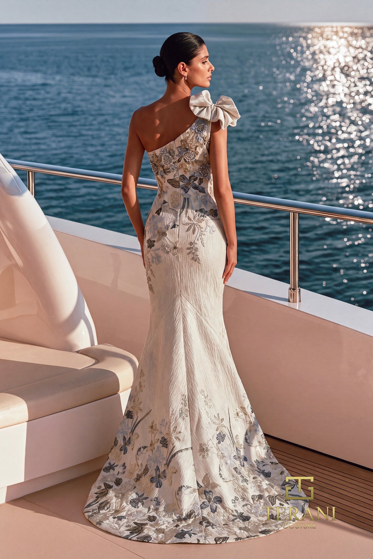 Terani Couture 271E8137 One Shoulder Embroidered Mermaid Evening Gown with Bow