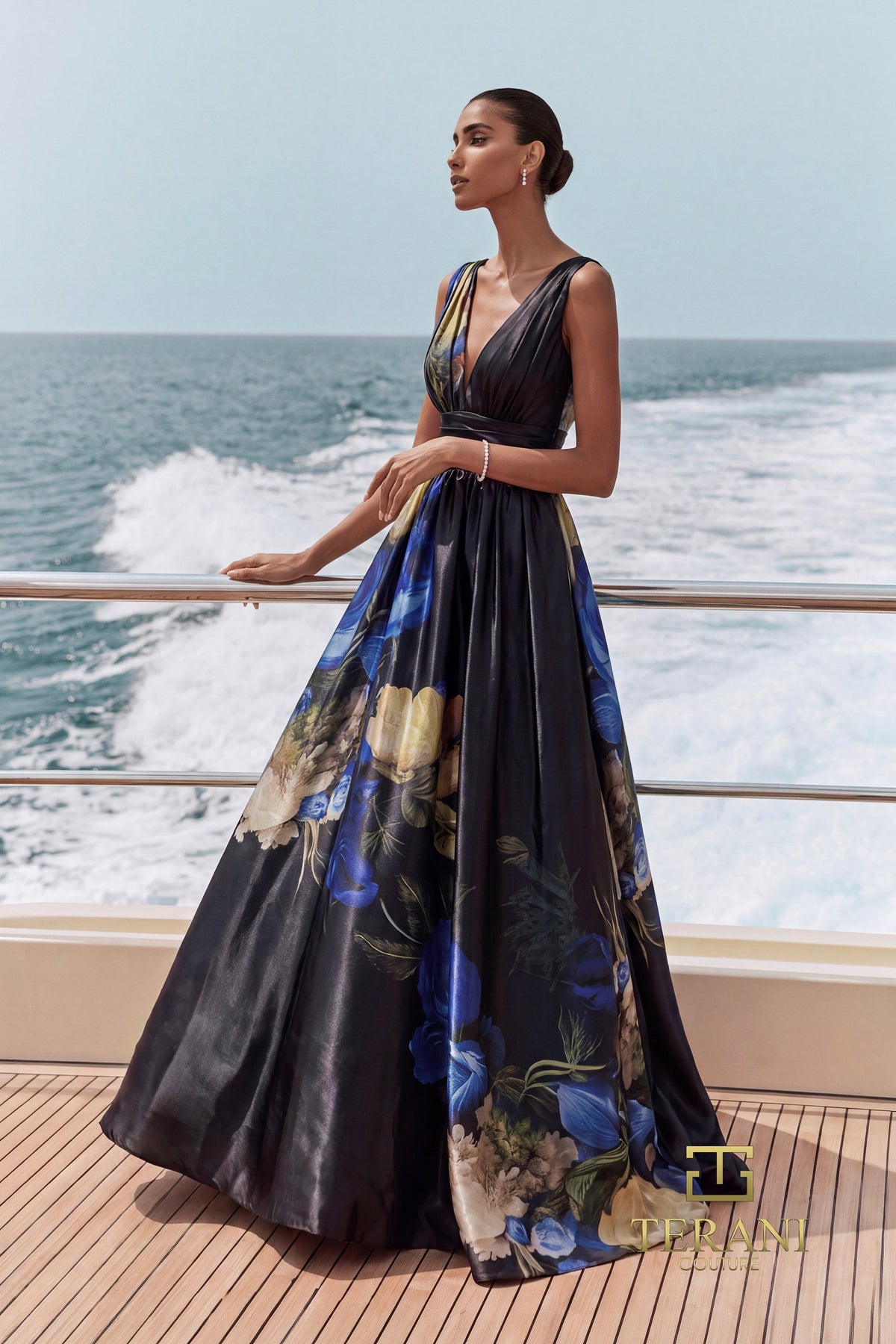 Terani Couture 271E8138 Floral Print A Line Evening Gown with Plunging V Neck