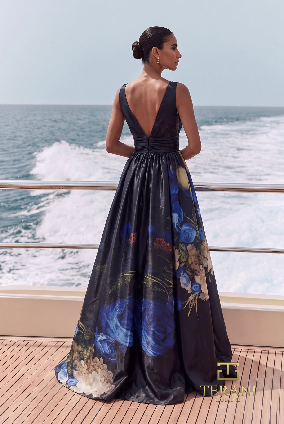 Terani Couture 271E8138 Floral Print A Line Evening Gown with Plunging V Neck