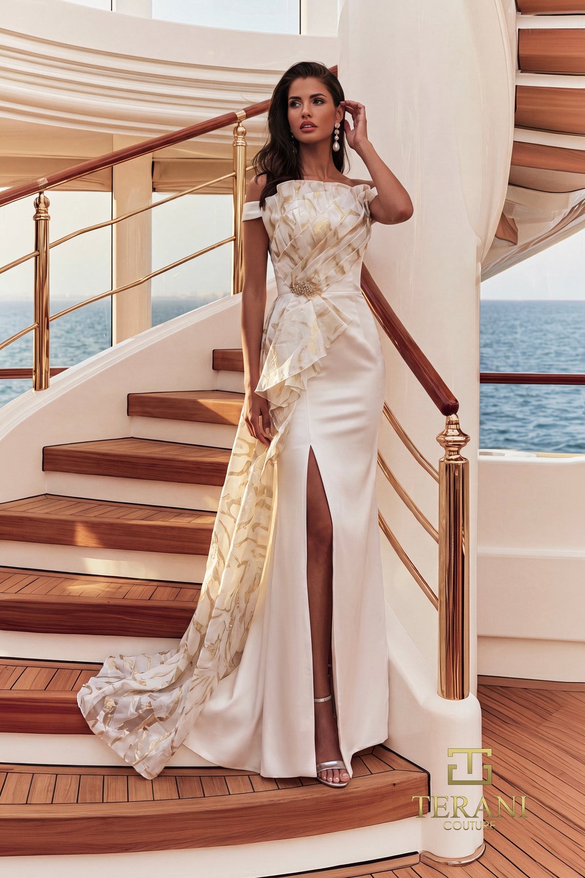 Terani Couture 271E8323 Off Shoulder Mikado Column Evening Gown with Gold Leaf Panel
