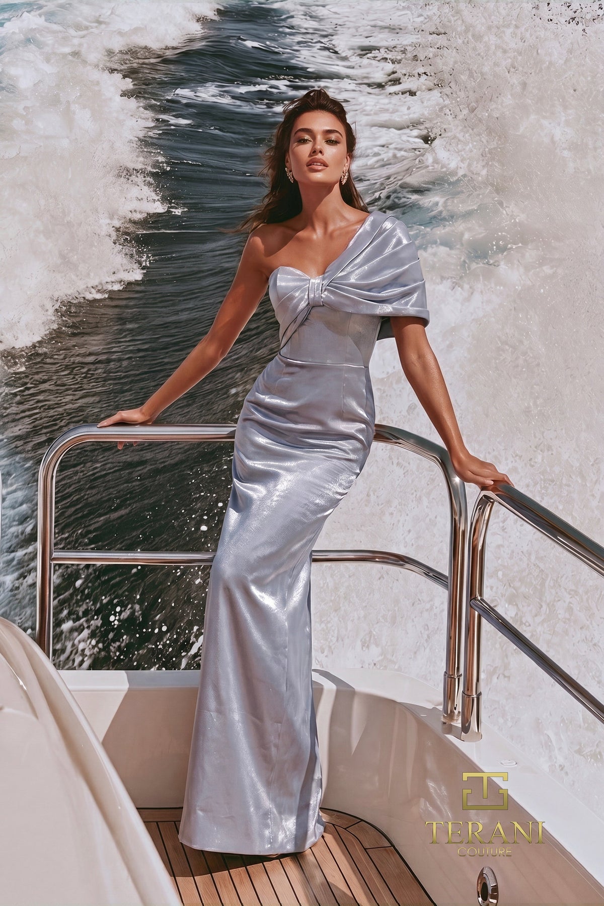 Terani Couture 271E8346 One Shoulder Satin Mermaid Evening Gown with Pleated Fan