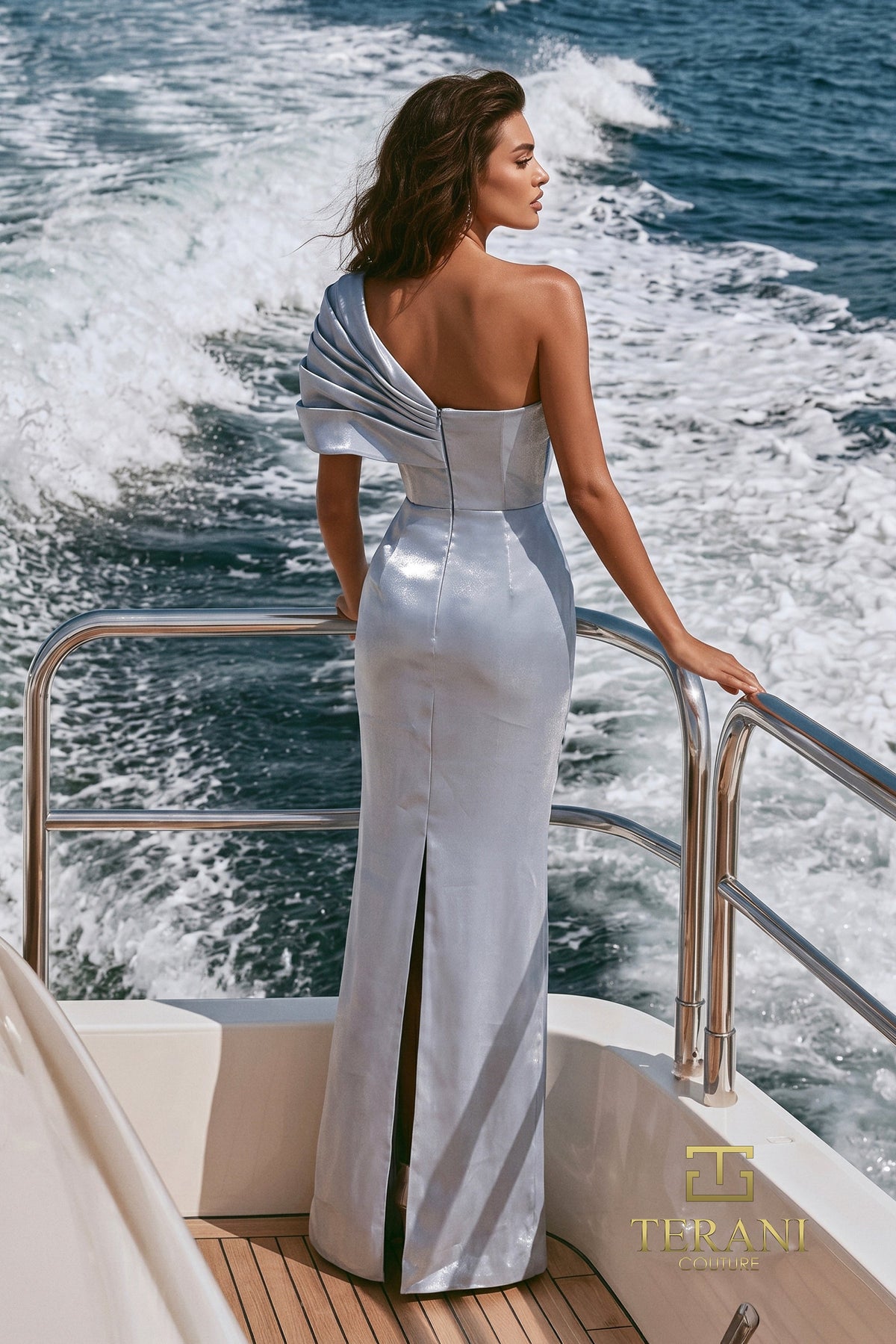Terani Couture 271E8346 One Shoulder Satin Mermaid Evening Gown with Pleated Fan