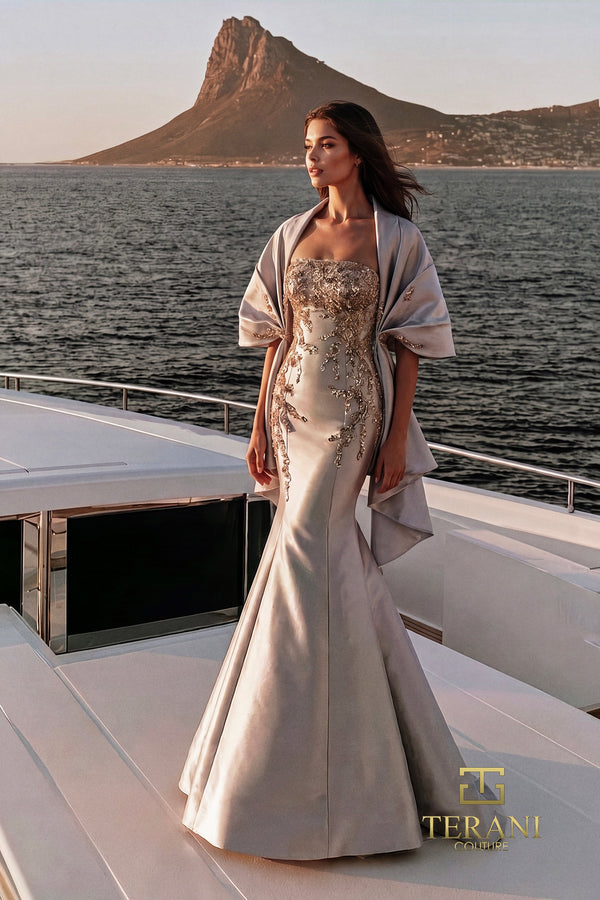 Terani Couture 271M8405 Strapless Mikado Mermaid Mother of the Bride Gown with Embroidered Bodice