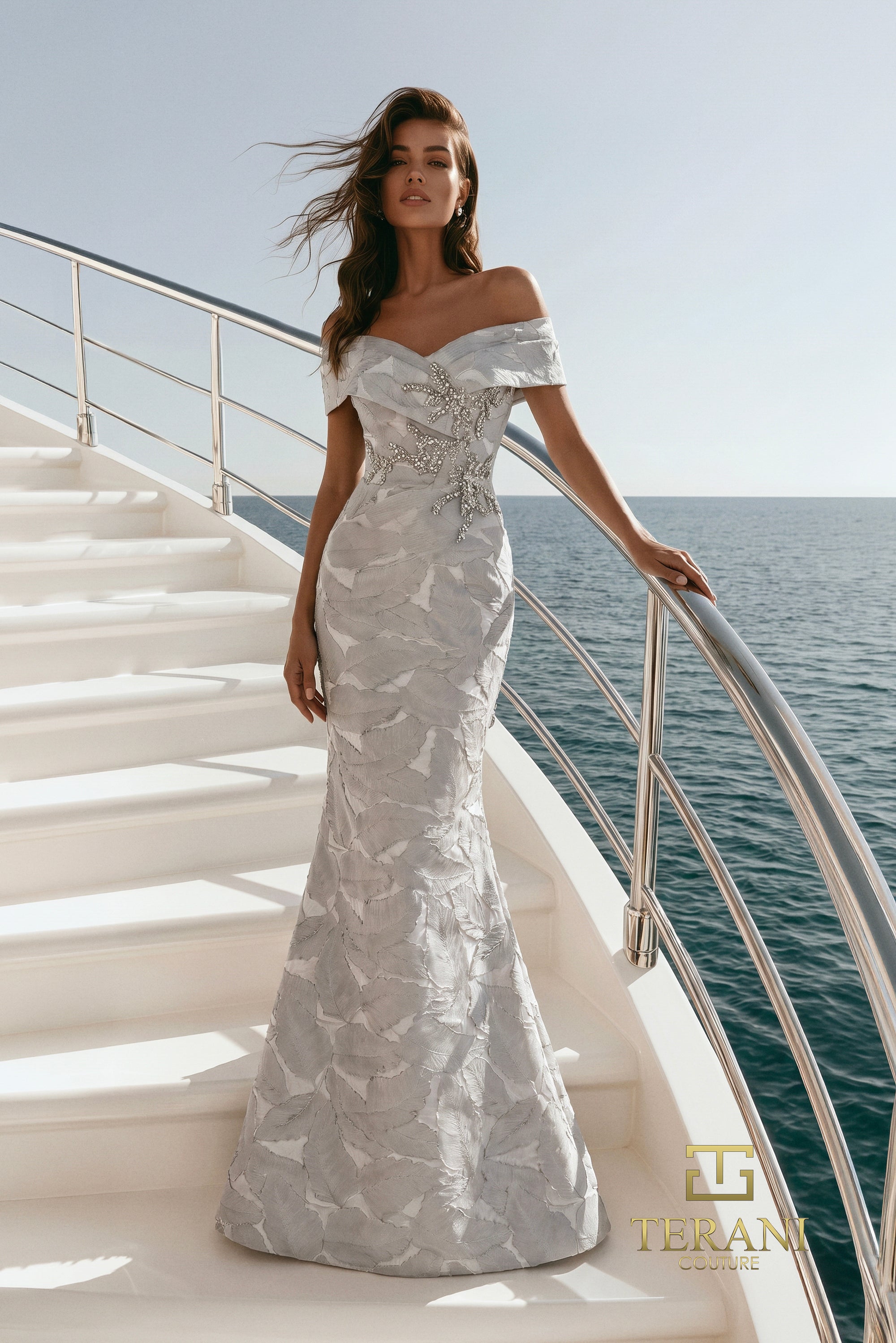 Terani Couture 271M8446 Off Shoulder Jacquard Mermaid Mother of the Bride Gown with Portrait Cuff