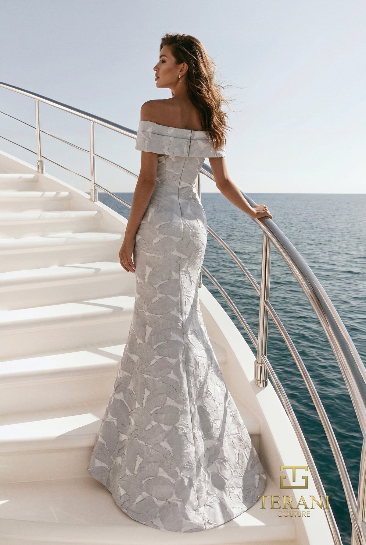 Terani Couture 271M8446 Off Shoulder Jacquard Mermaid Mother of the Bride Gown with Portrait Cuff