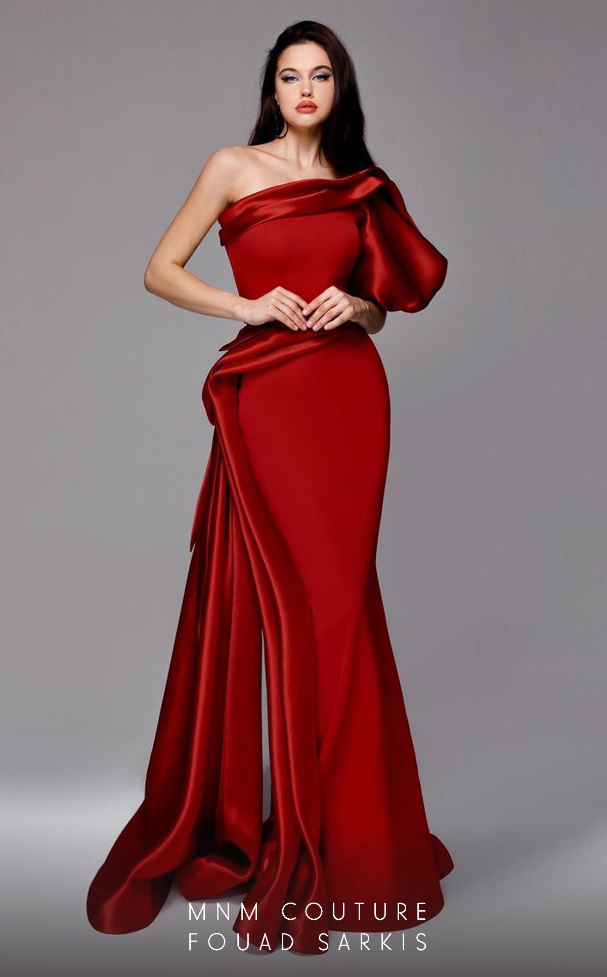One-Shoulder Satin Formal Gown by MNM Couture 2722 in Red