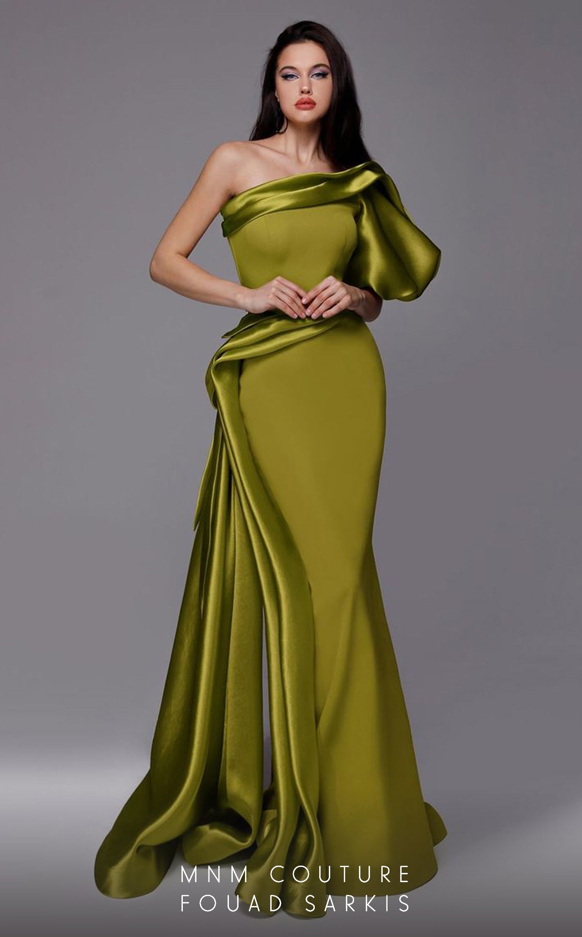 One-Shoulder Satin Formal Gown by MNM Couture 2722 in Olive