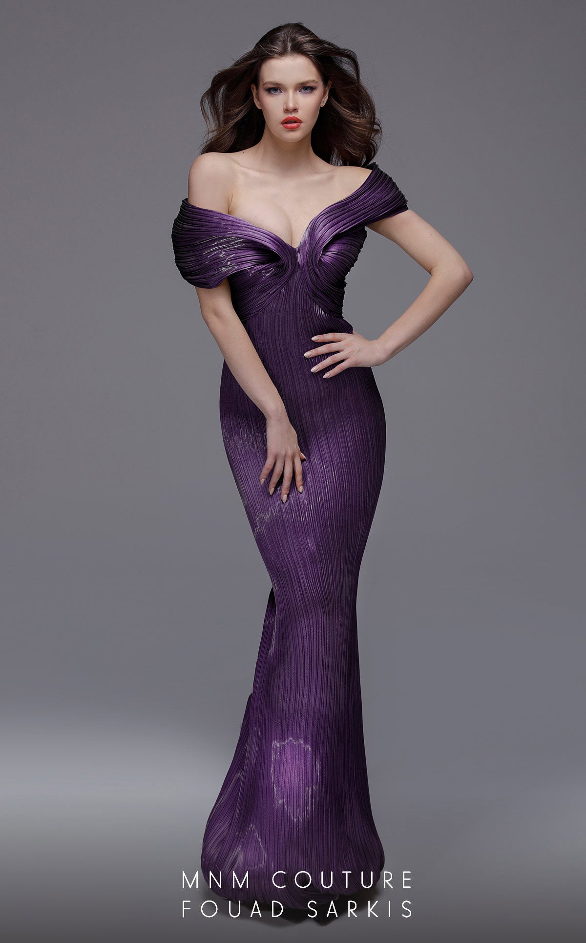 MNM Couture 2729 Pleated Long Formal Metallic Evening Dress