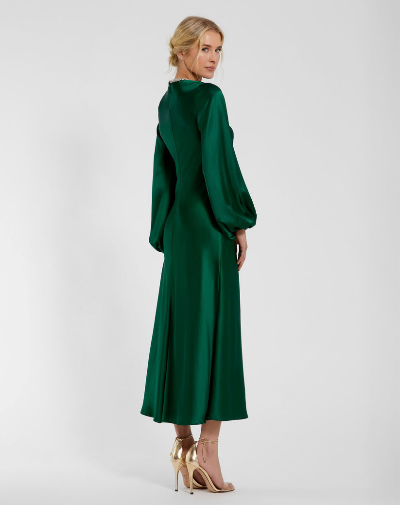 Mac Duggal 27350 Long Sleeve Satin Tea Length Dress
